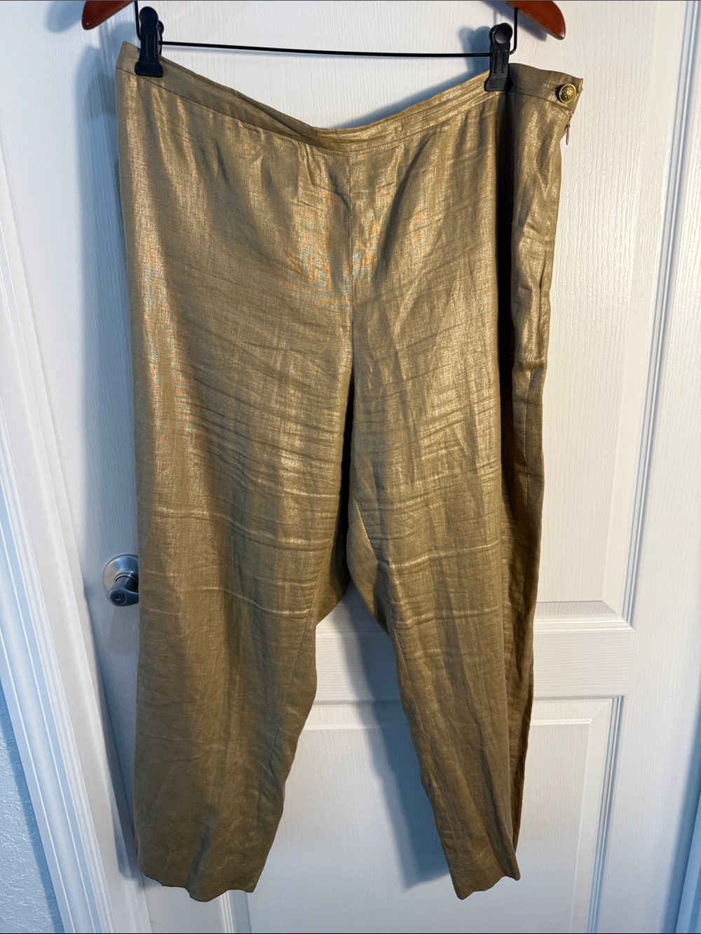 Ralph Lauren Metallic Gold Linen Pants Side Zipper Size 14 Inseam 27”
